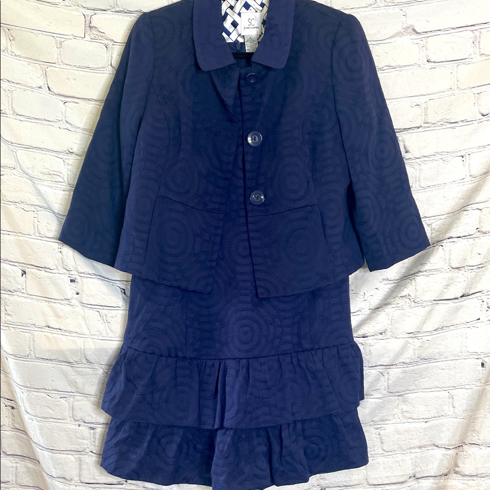 Sara Campbell 2-Piece Navy Blue Dress & Coat Set Size Small Excellent Condition